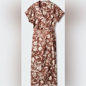 Mango Floral Wrap Midi Dress in Brown and Cream, NWOT, Size XS